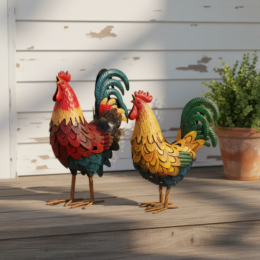 Two hand-painted metal rooster garden statues, red and gold and golden honey with green tail, side by side on a farmhouse verandah step - 41cm iron chicken sculptures