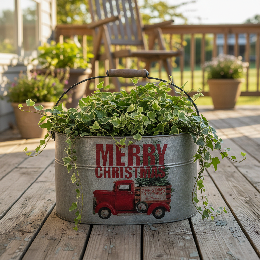 Galvanised oval bucket planted with lush greenery on a country veranda — rustic metal planter pot