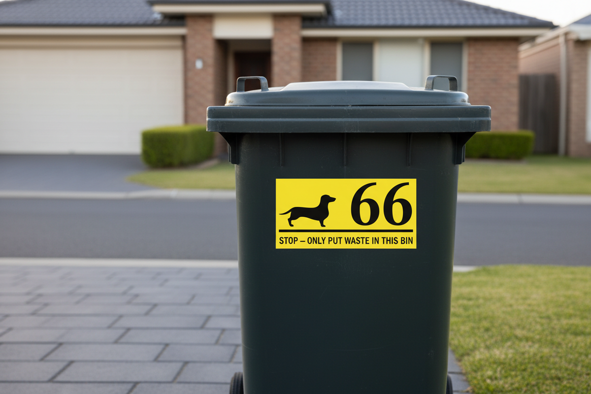 Yellow background black text — rubbish bin sticker reading Stop Only Put Waste In This Bin applied to a wheelie bin — custom waste instruction sticker, Aussie made