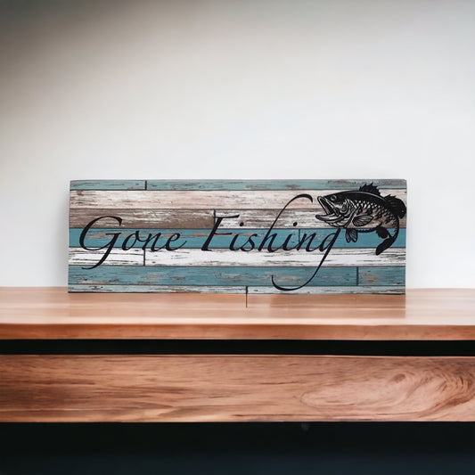 Gone Fishing with Bass Fish Blue Sign - The Renmy Store Homewares & Gifts 
