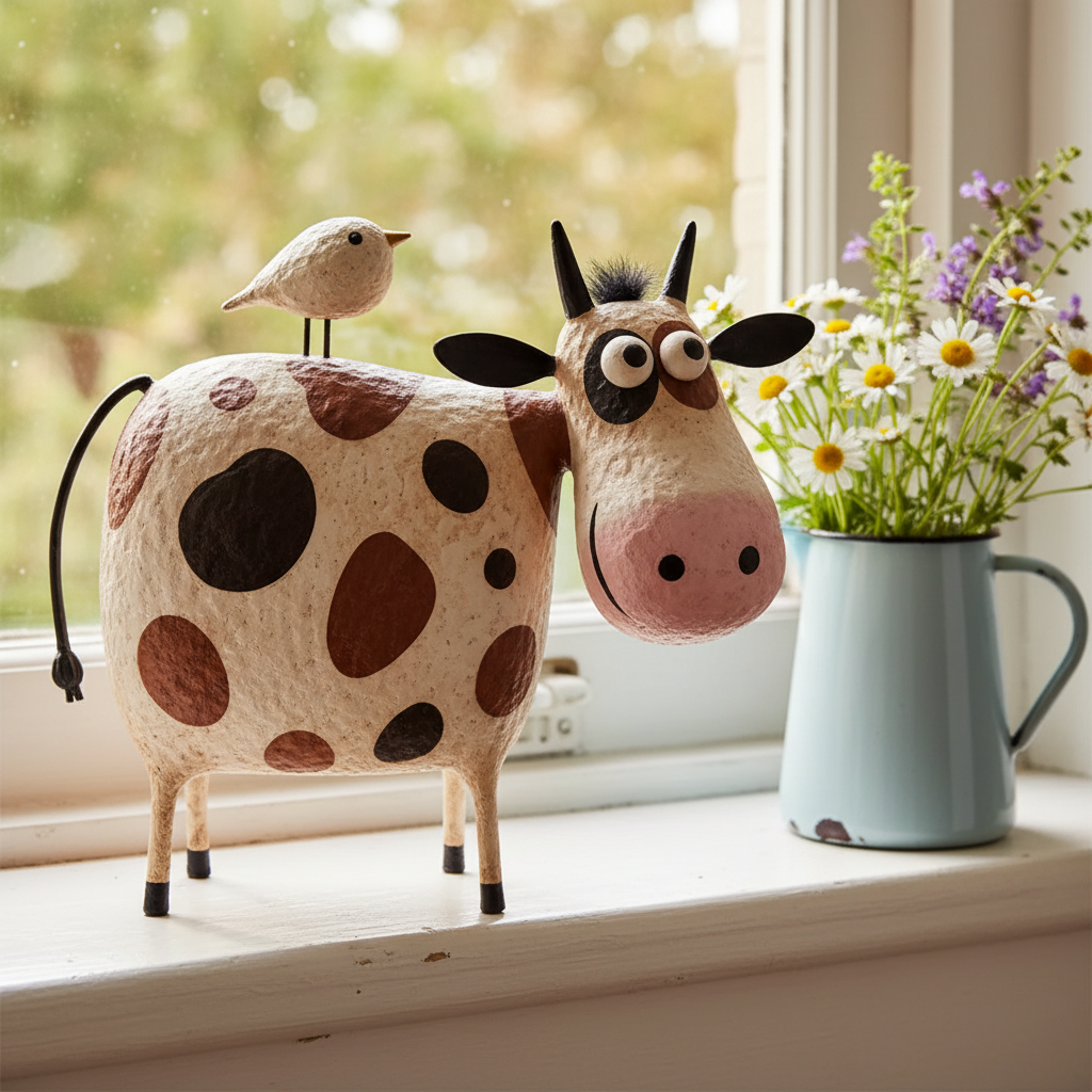 Spotted dairy cow figurine styled on a farmhouse kitchen windowsill with wildflowers — rustic resin cow statue with bird