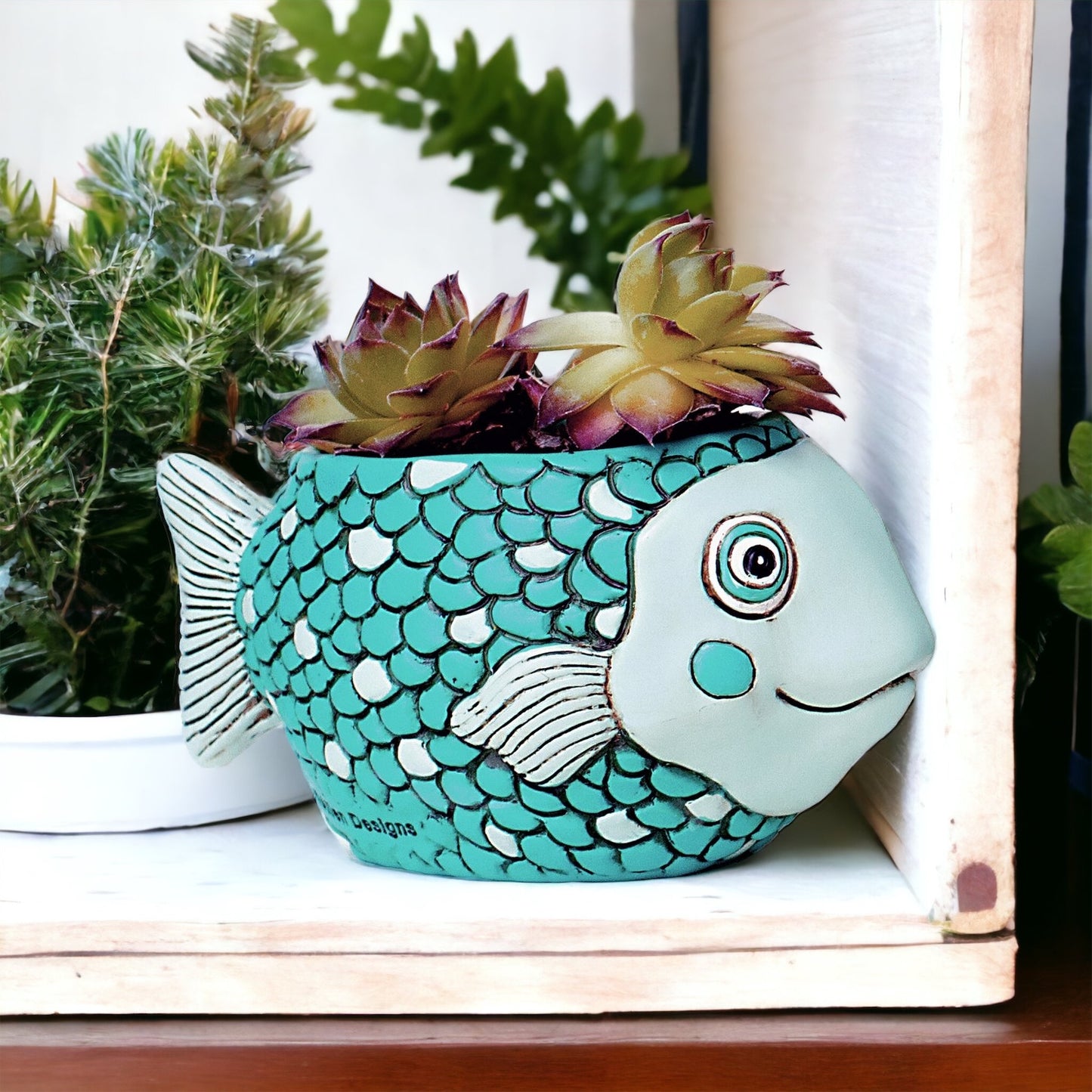 Fish Teal Funky Pot Planter Plant Small