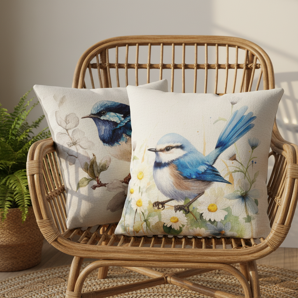 Two watercolour bird and wildflower cushions on a rattan sunroom chair — 45x45cm decorative cushion covers