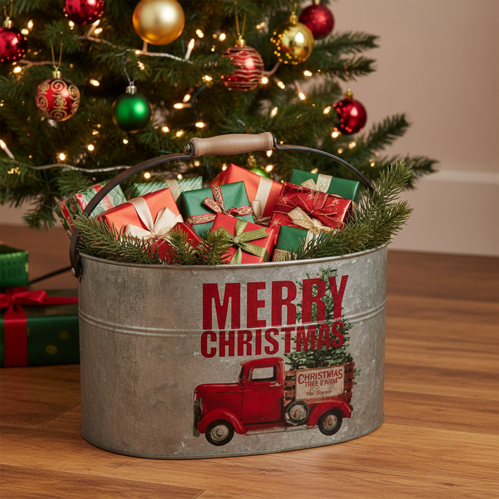Christmas red truck metal bucket filled with wrapped gifts beside a decorated Christmas tree — festive home styling