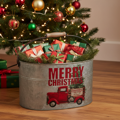 Christmas red truck metal bucket filled with wrapped gifts beside a decorated Christmas tree — festive home styling