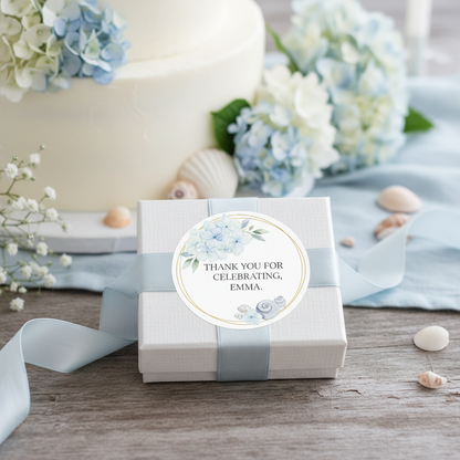 Coastal birthday sticker on white gift box with blue flowers and seashells — personalised birthday favour stickers Australia
