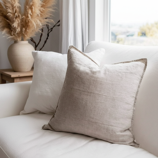 100% Linen Cushion Cover — Lifestyle — Hamptons Living Room Sofa Styling