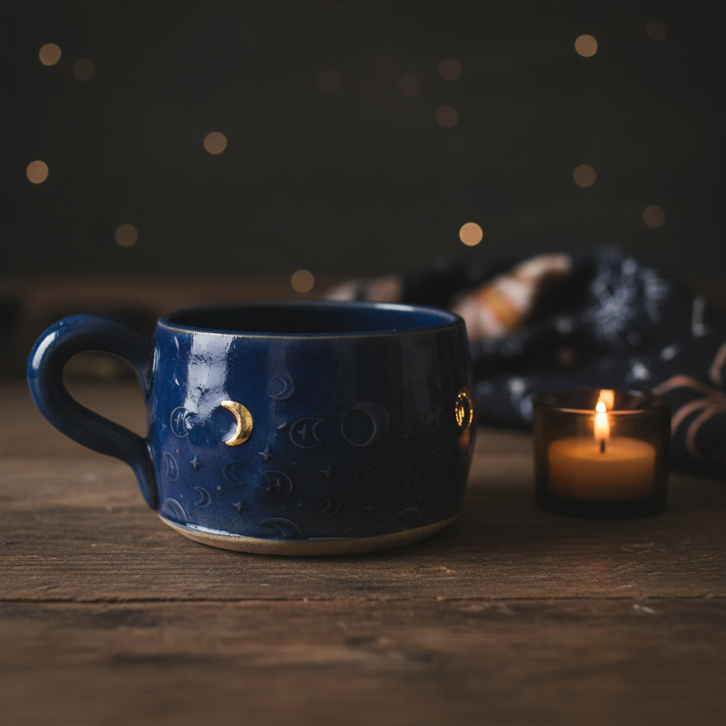 Handmade Blue & Gold Moon Phase Ceramic Mug — Lifestyle — Australian Made by Wolf and Clay