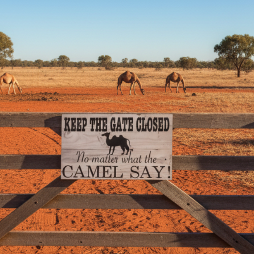 Wooden gate with a humorous sign in an Australian outback landscape with camels.