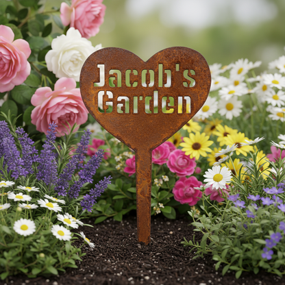 Heart Garden Stake Custom Personalised Name - Rusty Metal - Aussie Made