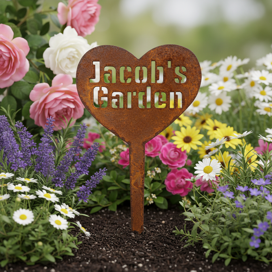 Heart Garden Stake Custom Personalised Name - Rusty Metal - Aussie Made