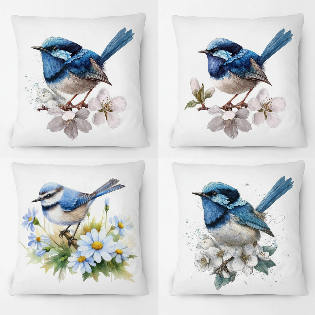 Four watercolour bird and wildflower cushion cover designs shown together — 45x45cm blue wren cushion covers for country and coastal homes