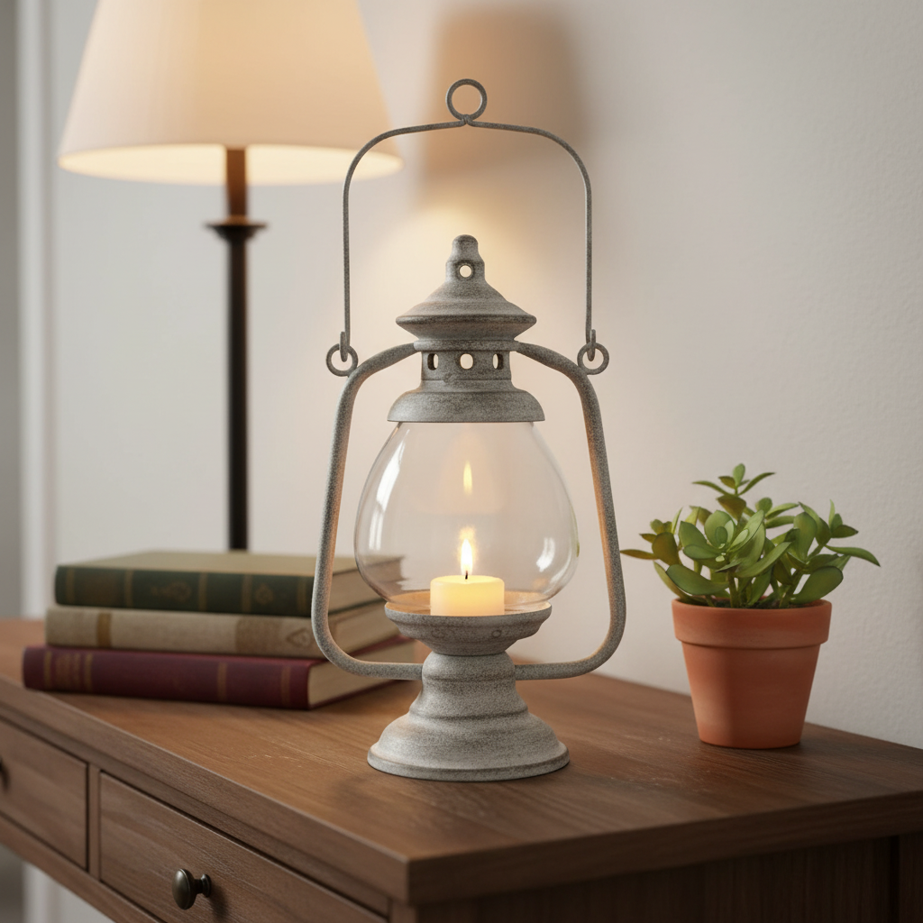 Vintage glass globe lantern styled on a hallway console table with books and a potted plant — rustic home decor