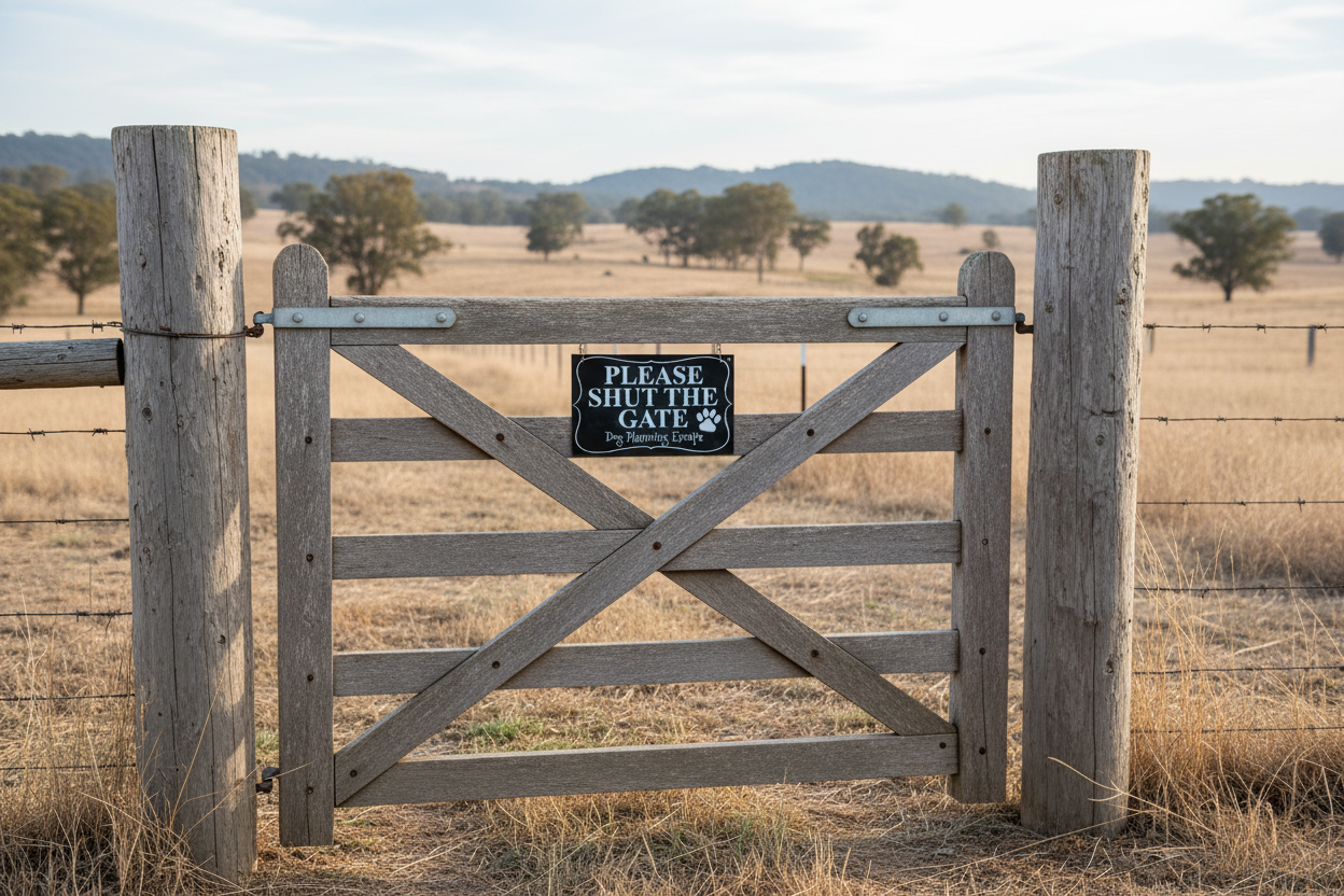 Please Shut Gate Dog Planning Escape Sign - Funny Dog