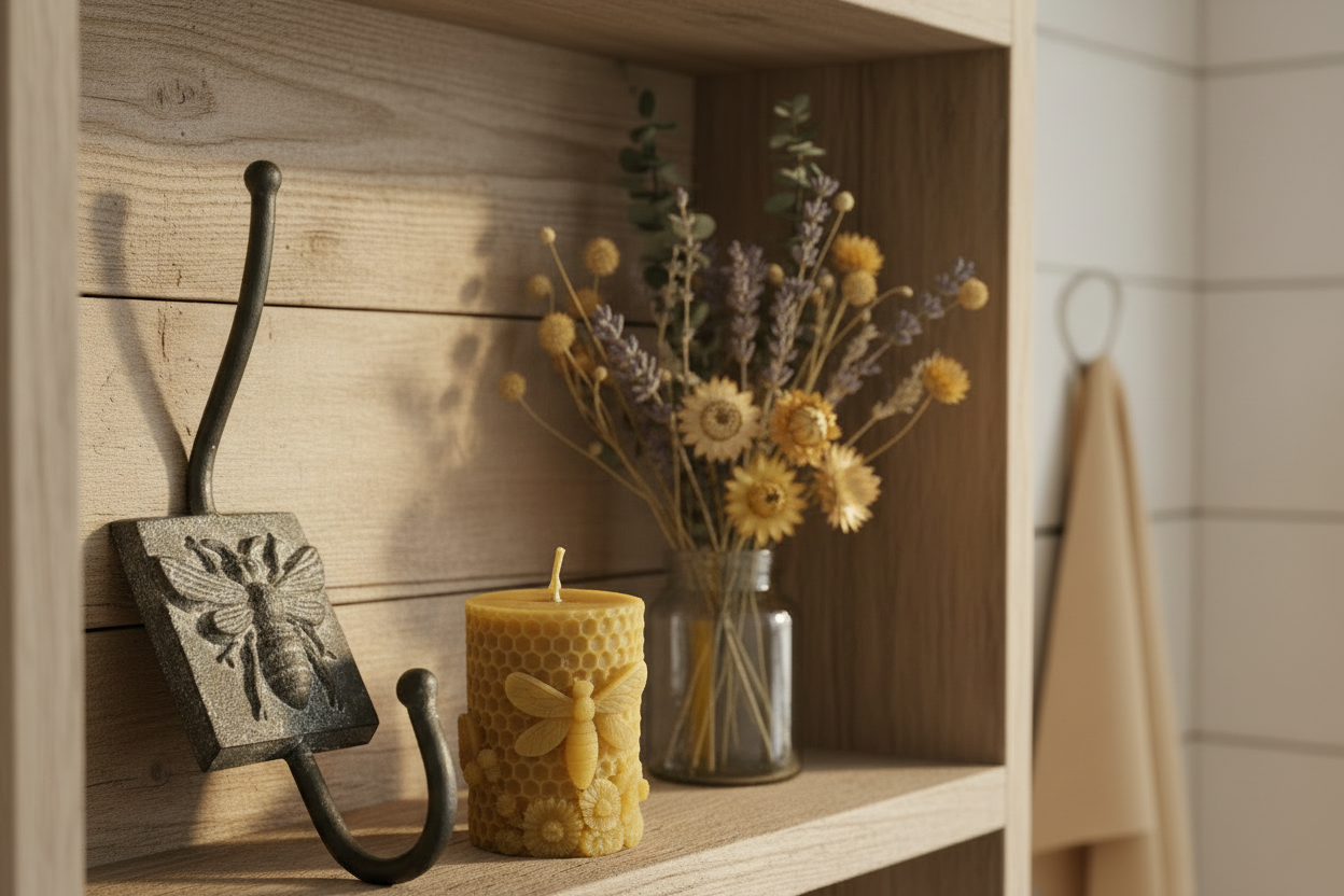 Cast iron bee wall hook and beeswax candle gift set styled on a rustic timber shelf with dried wildflowers and honey jar — farmhouse bee decor Australia