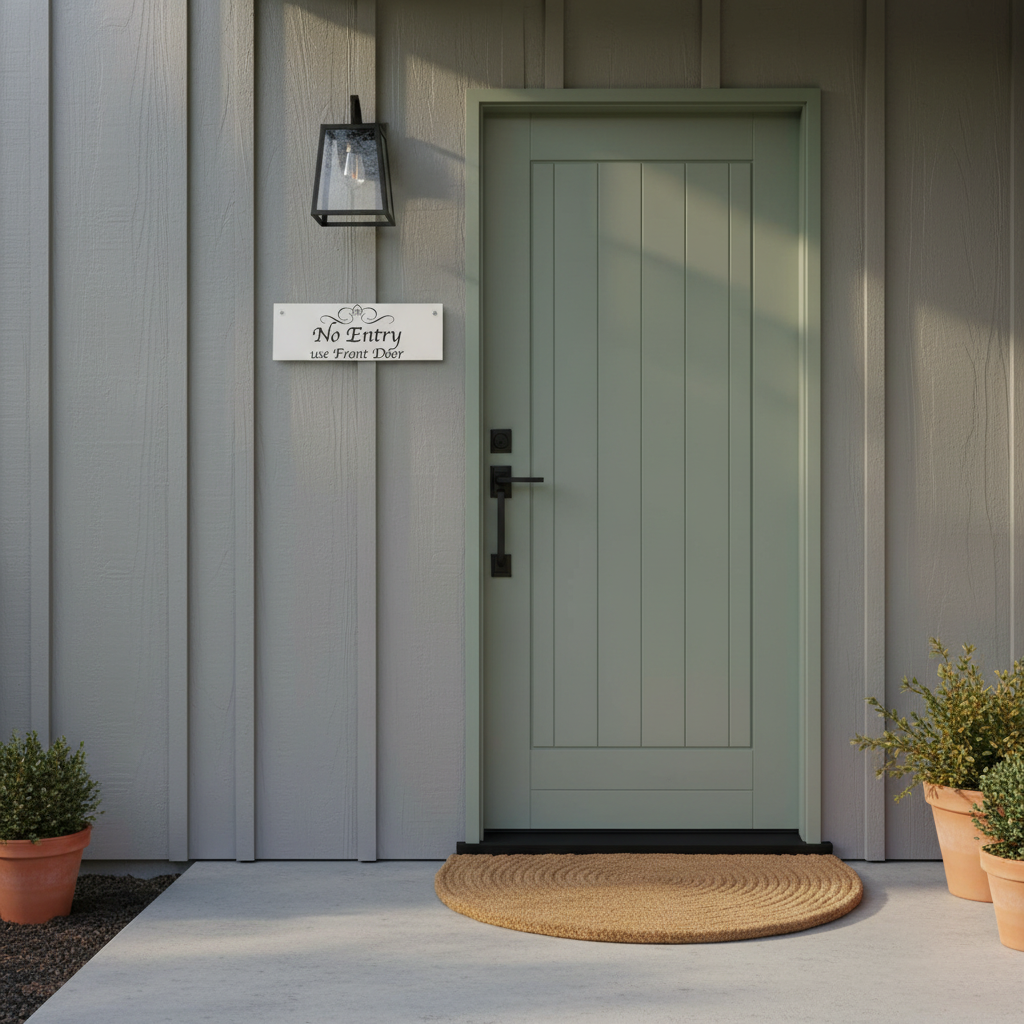 White No Entry use Front Door directional sign mounted beside a sage green front door — outdoor direction sign, front door sign, Australian made acrylic sign