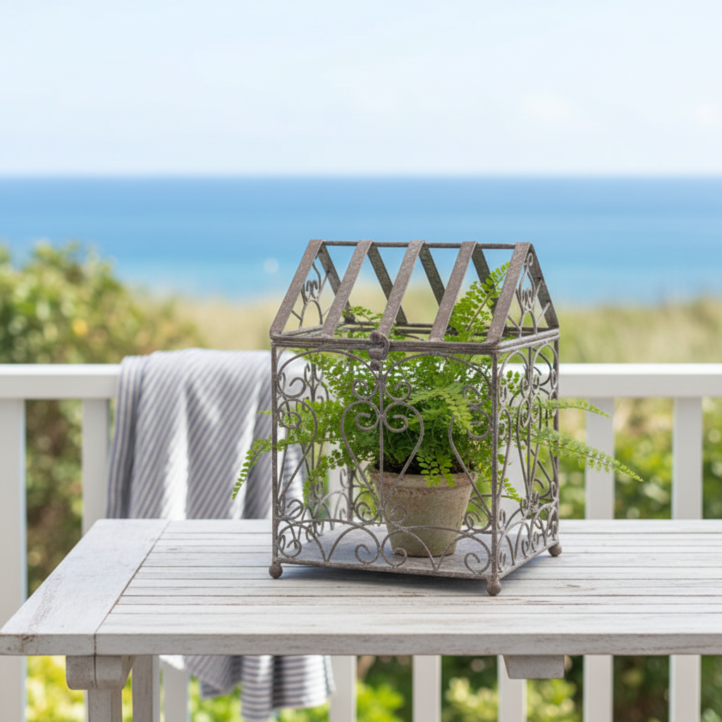 French Scroll terrarium with a potted fern on a white timber table on a Hamptons coastal veranda — antique grey iron garden decor
