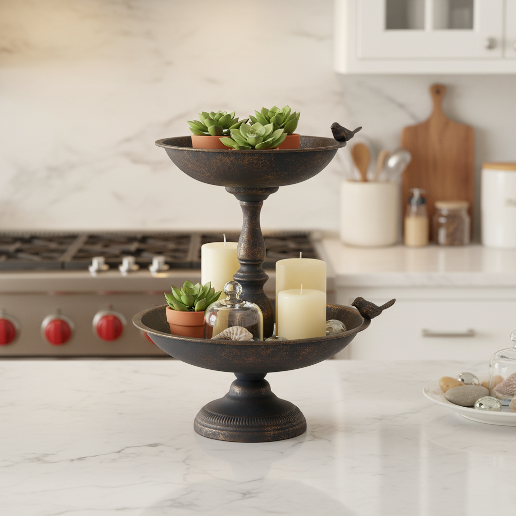 Vintage Double Tier Metal Tray Stand — Lifestyle — Indoor Marble Bench Styling