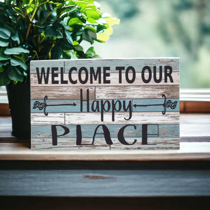 Welcome To Our Happy Place Rustic Blue Sign - The Renmy Store Homewares & Gifts 