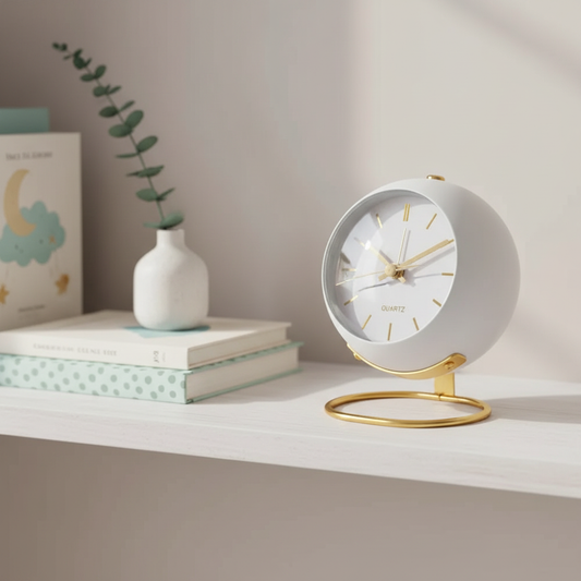White — globe alarm clock styled on a nursery shelf with books and a ceramic vase — Nordic minimalist kids bedroom clock