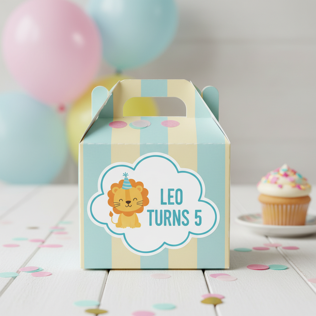 Colourful personalised birthday sticker on children’s party favour box with balloons and cupcake — custom party bag labels Australia