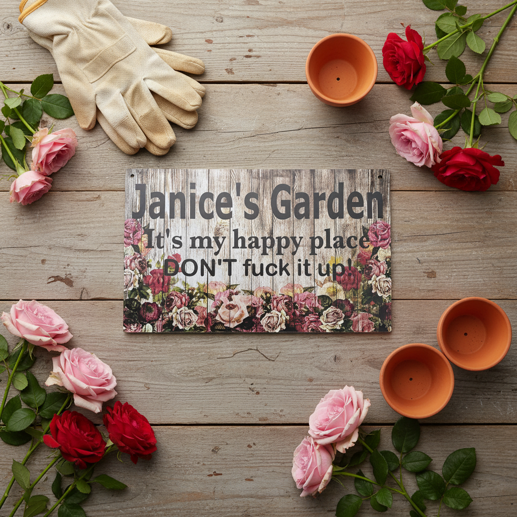 Custom Floral Garden Rose Sign flat lay with terracotta pots and fresh roses — Australian Made