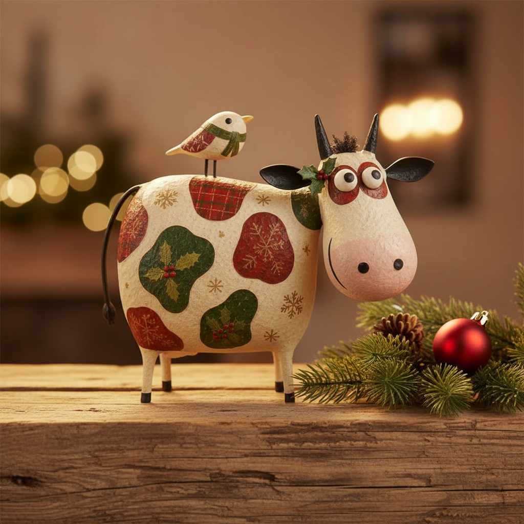 Christmas cow figurine with holly and tartan patches on a rustic timber mantel with pine sprigs — festive farmhouse resin cow statue
