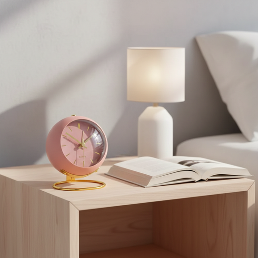 Blush Pink — globe alarm clock on a timber bedside table beside a lamp and book — minimalist silent Scandi bedside clock