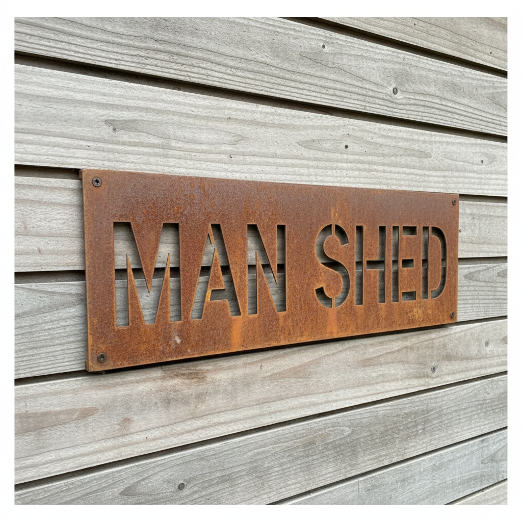 Rusty corten steel Man Shed sign mounted on timber shed wall — Custom Personalised Metal Sign Australia