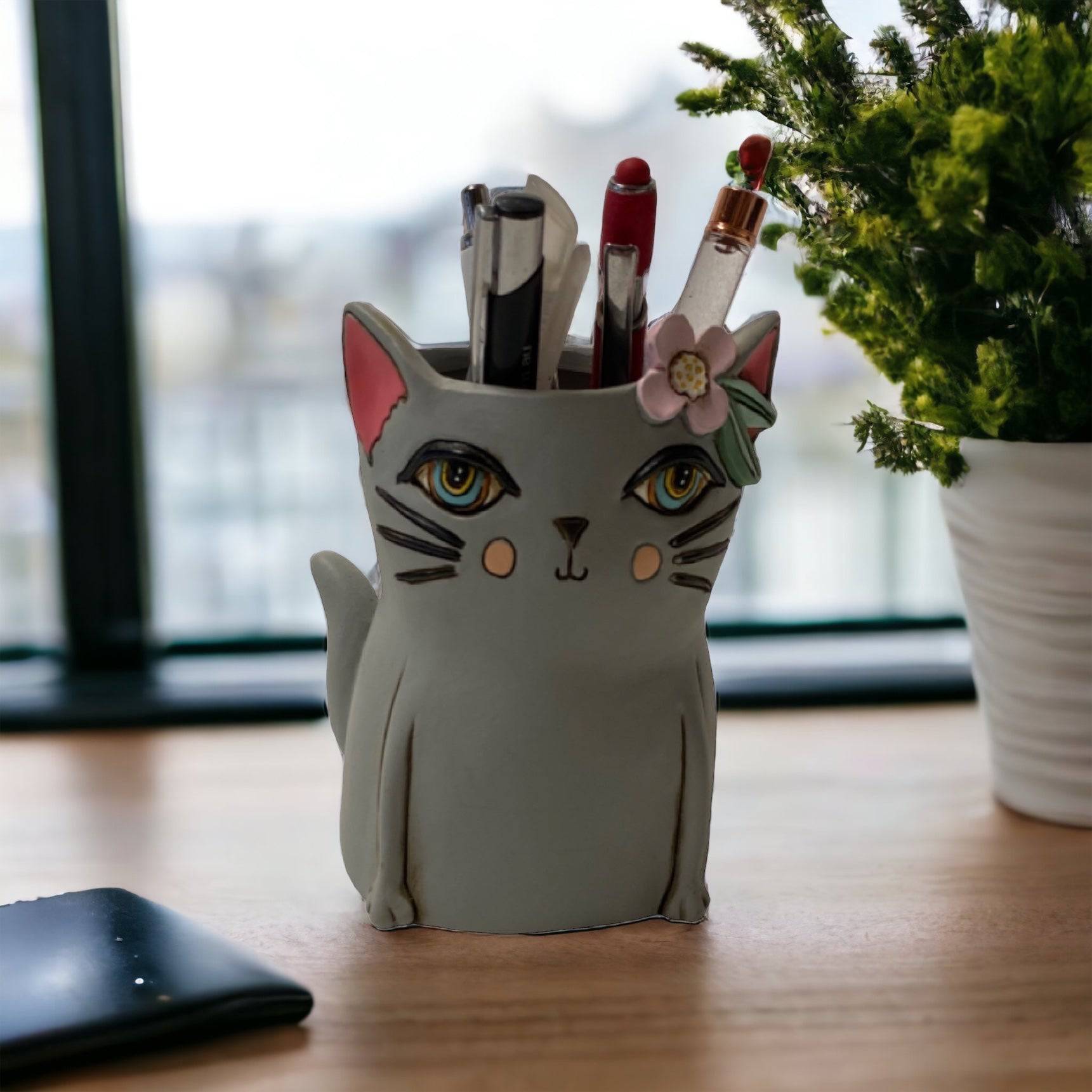 Cat Kitty Grey Pot Planter Plant Pen Holder - The Renmy Store Homewares & Gifts 