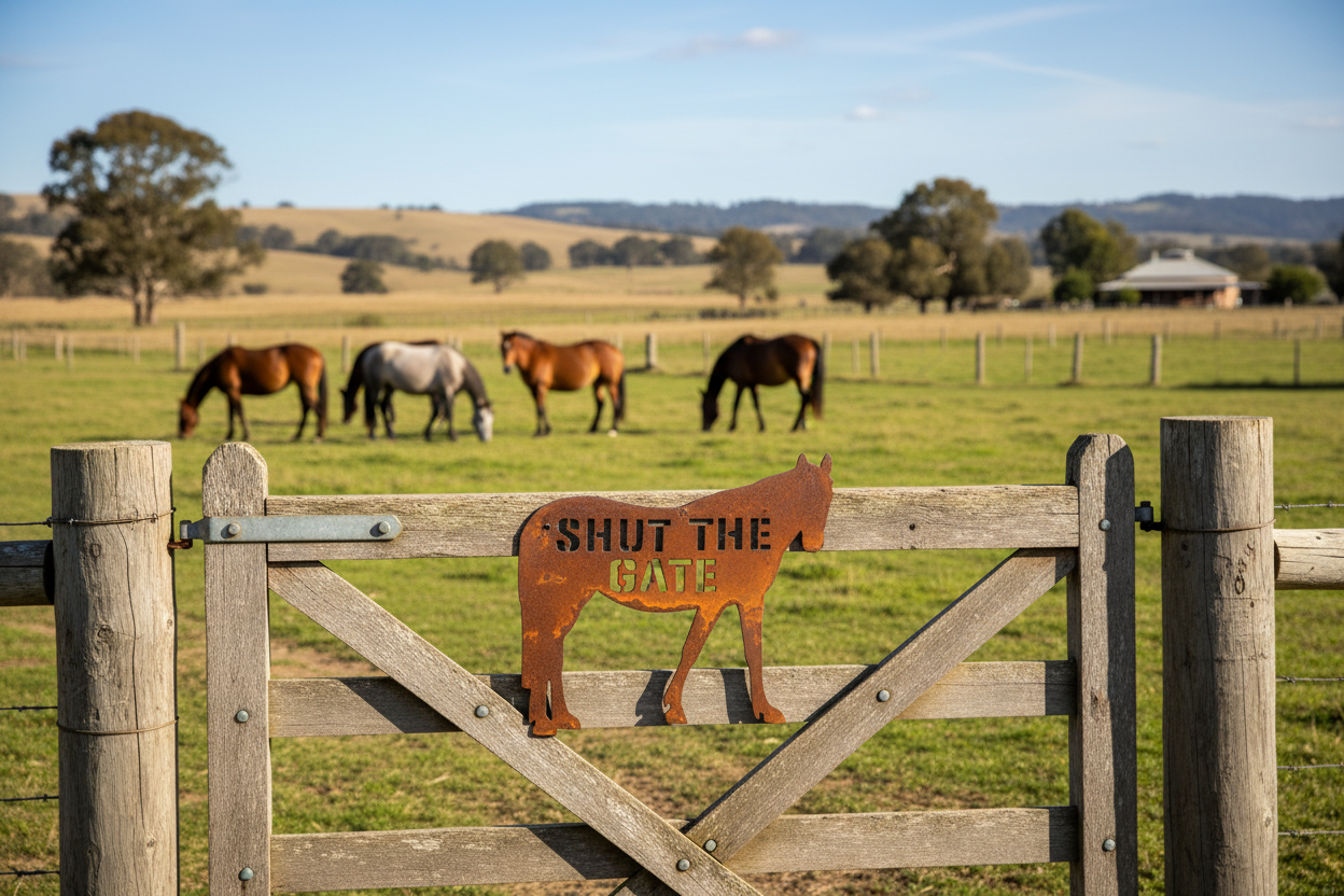 Custom Horse Gate Sign - Personalised Rusty Metal Steel Sign - Australian Made