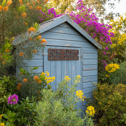 Dark steel She Shed sign mounted on painted timber garden shed — Custom Personalised Metal Sign Australia