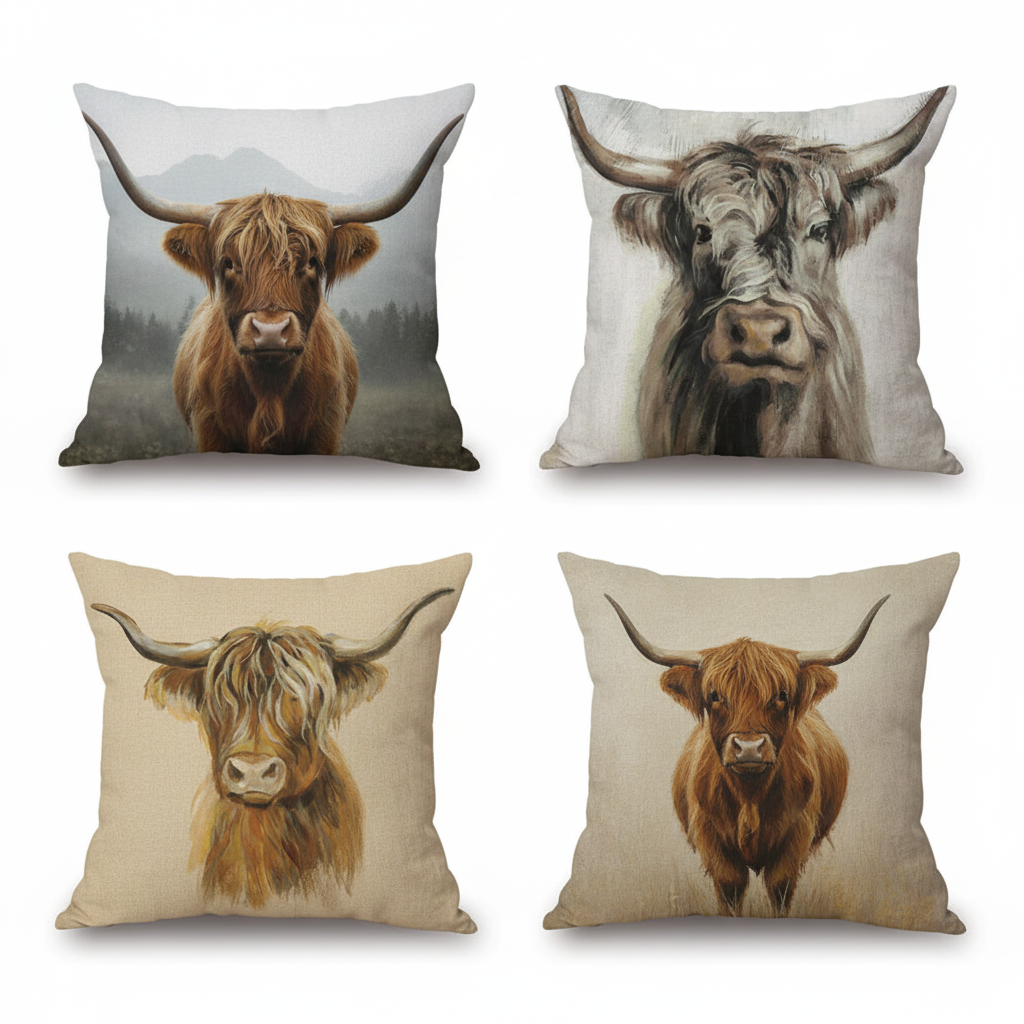Four highland cow cushion cover designs shown together — 45x45cm cattle photo print cushion covers for country farmhouse decor
