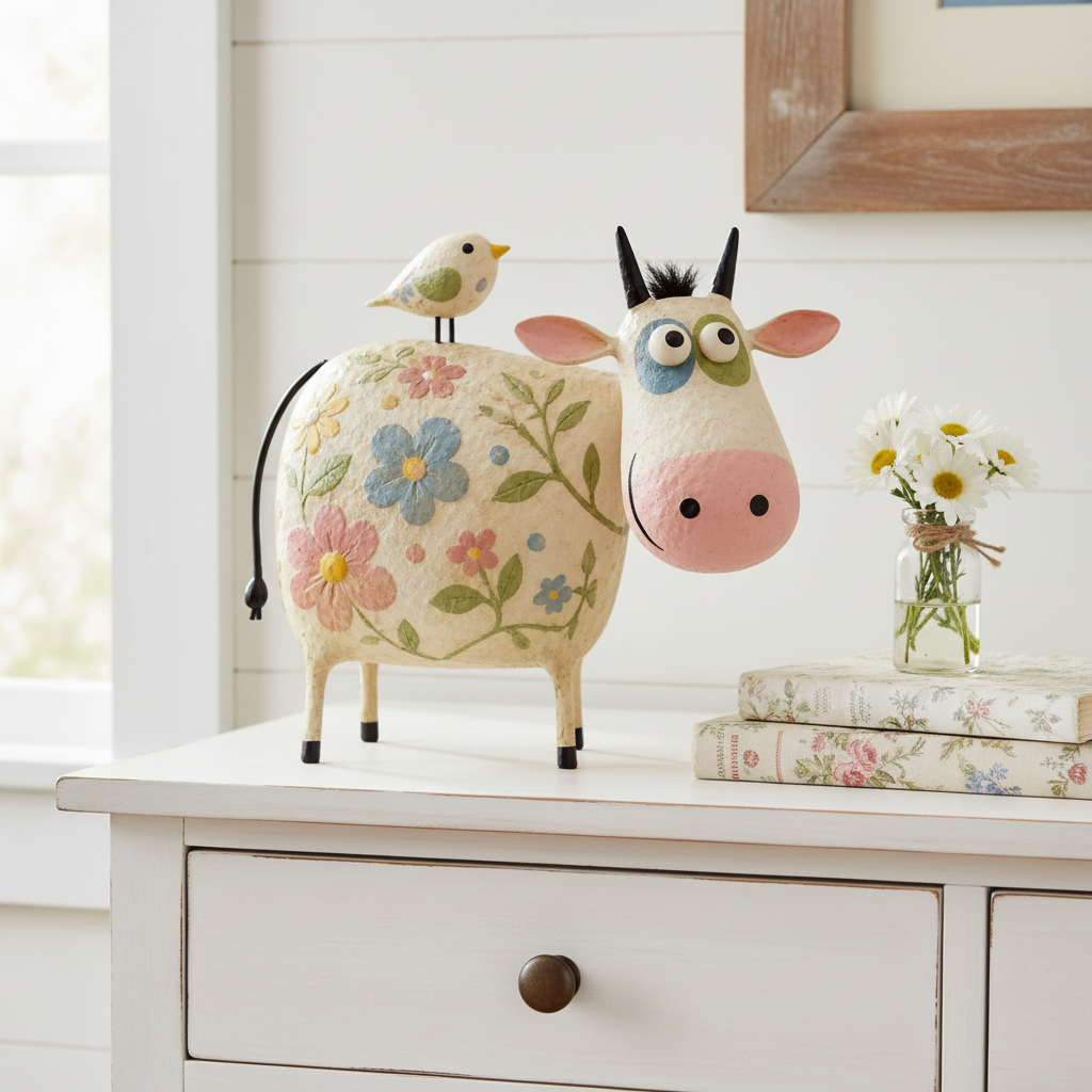 Pastel floral cow figurine on a white country dresser with daisies and books — cottage farmhouse resin cow statue