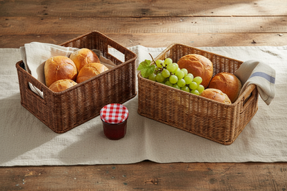 Hand-Woven Rattan Storage Baskets styled on farmhouse kitchen bench with fruit and bread — dark brown and natural