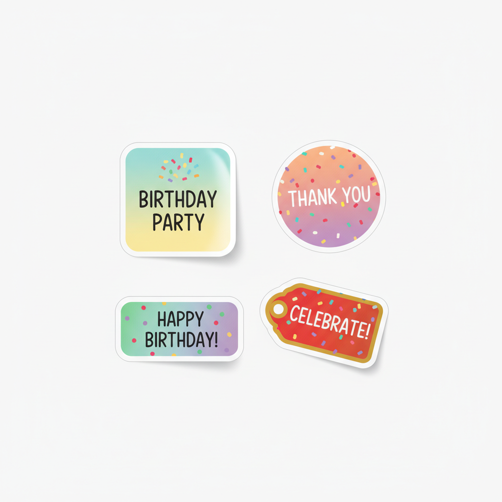 Square, round, rectangle and custom die cut birthday stickers on a plain white background — personalised birthday sticker shapes Australia