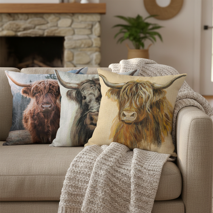 Three highland cow cushions styled together on a linen lounge by a stone fireplace — 45x45cm cattle cushion covers for country farmhouse decor