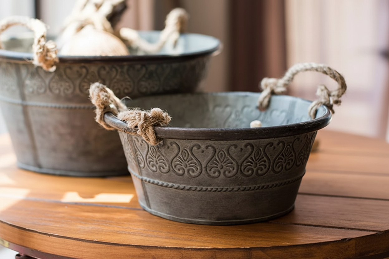 Vintage Galvanised Round Herb Planter — close-up lifestyle shot on rustic timber surface with hemp rope handles and embossed decorative pattern — farmhouse garden planter