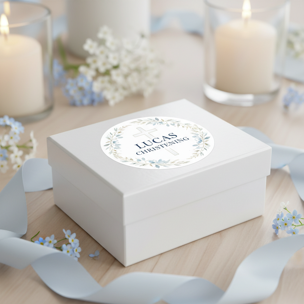 Elegant christening sticker on white keepsake box with pale blue flowers and candles — personalised christening favour labels Australia