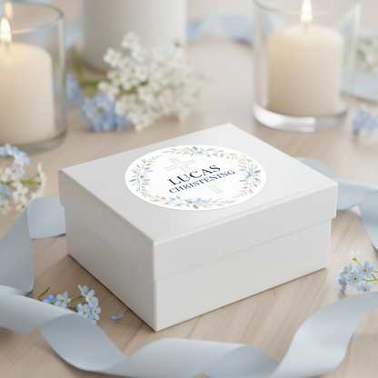 Elegant christening sticker on white keepsake box with pale blue flowers and candles — personalised christening favour labels Australia