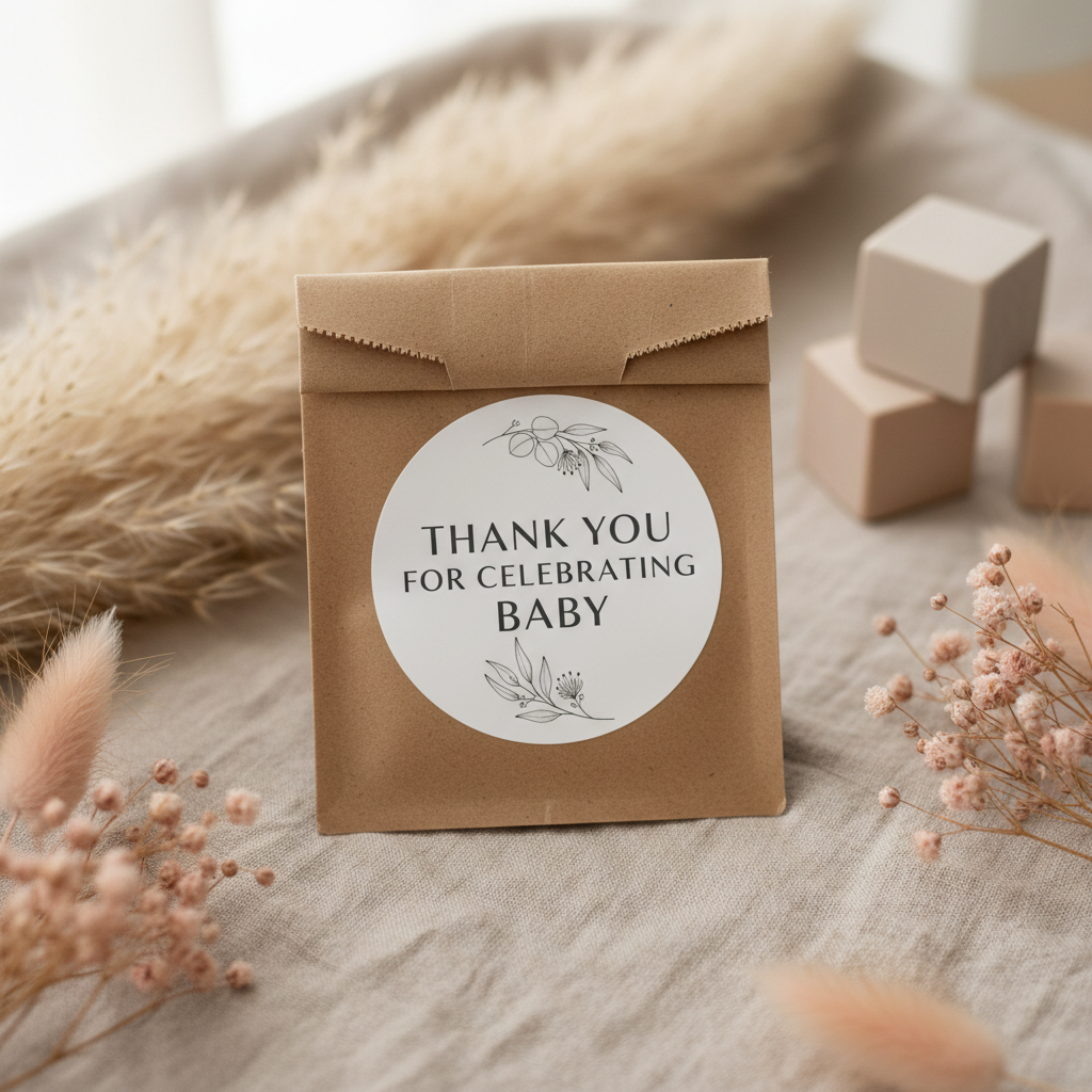 Neutral baby shower sticker on kraft favour bag with dried flowers and baby blocks — personalised baby shower favour labels Australia