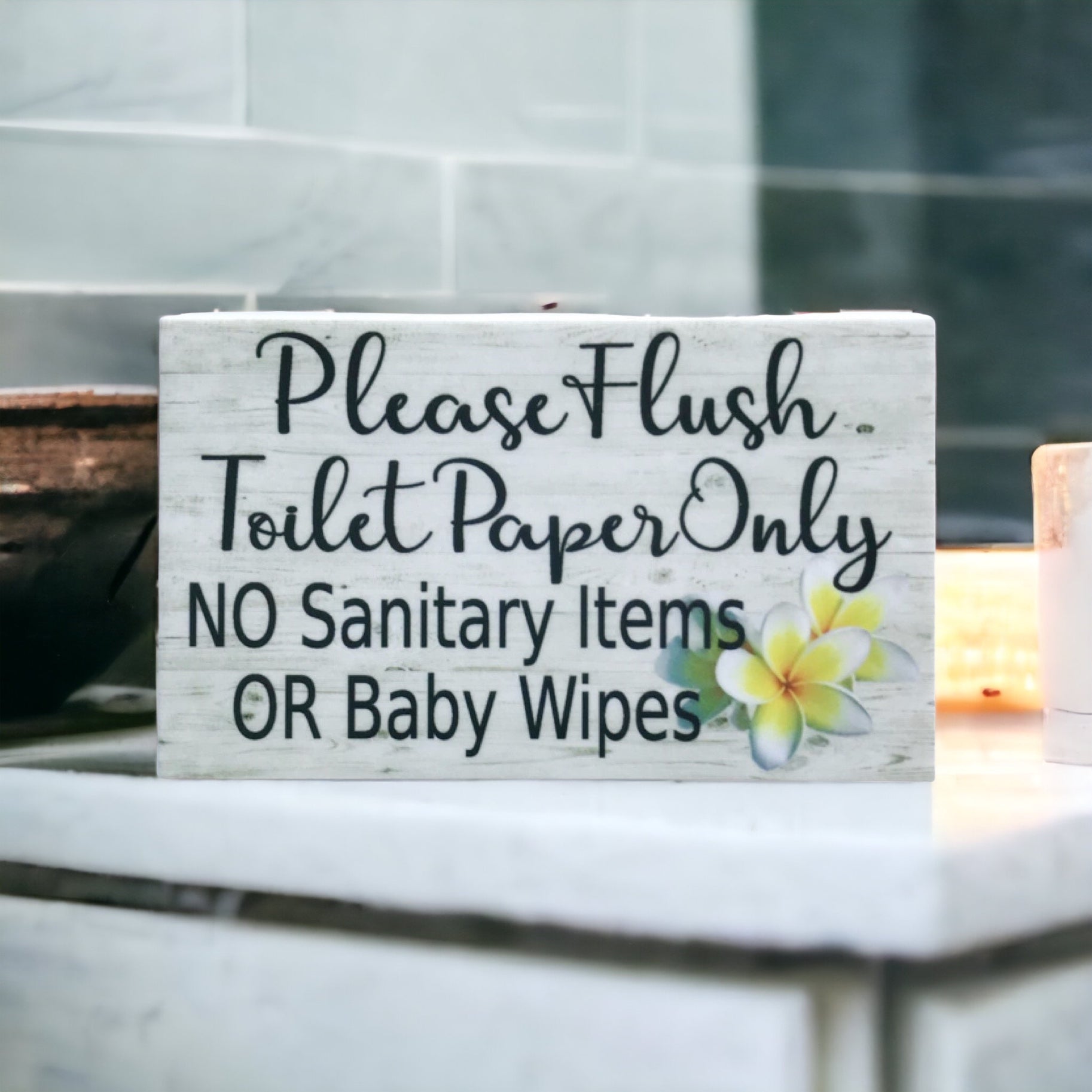 Flush Toilet Paper Only No Sanitary Frangipani Sign - The Renmy Store Homewares & Gifts 
