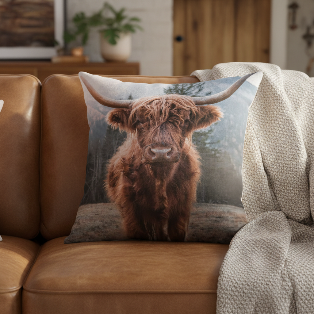 Highland cow cushion styled on a tan leather sofa with a wool throw — 45x45cm rustic farmhouse cushion cover