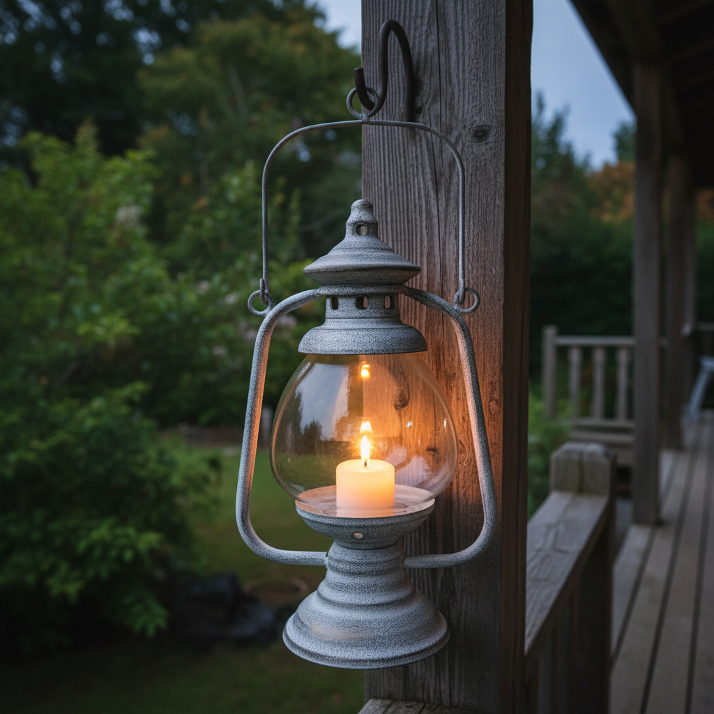 Whitewashed iron lantern hanging from a hook on a country veranda post at dusk — outdoor candle lantern