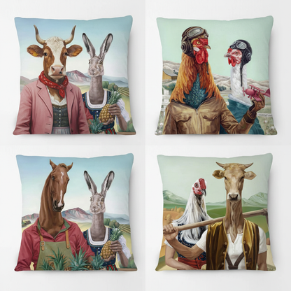 Four funny farm animal portrait cushion cover designs shown together — cow, rabbit, aviator chickens and horse 45x45cm country farmhouse cushion covers