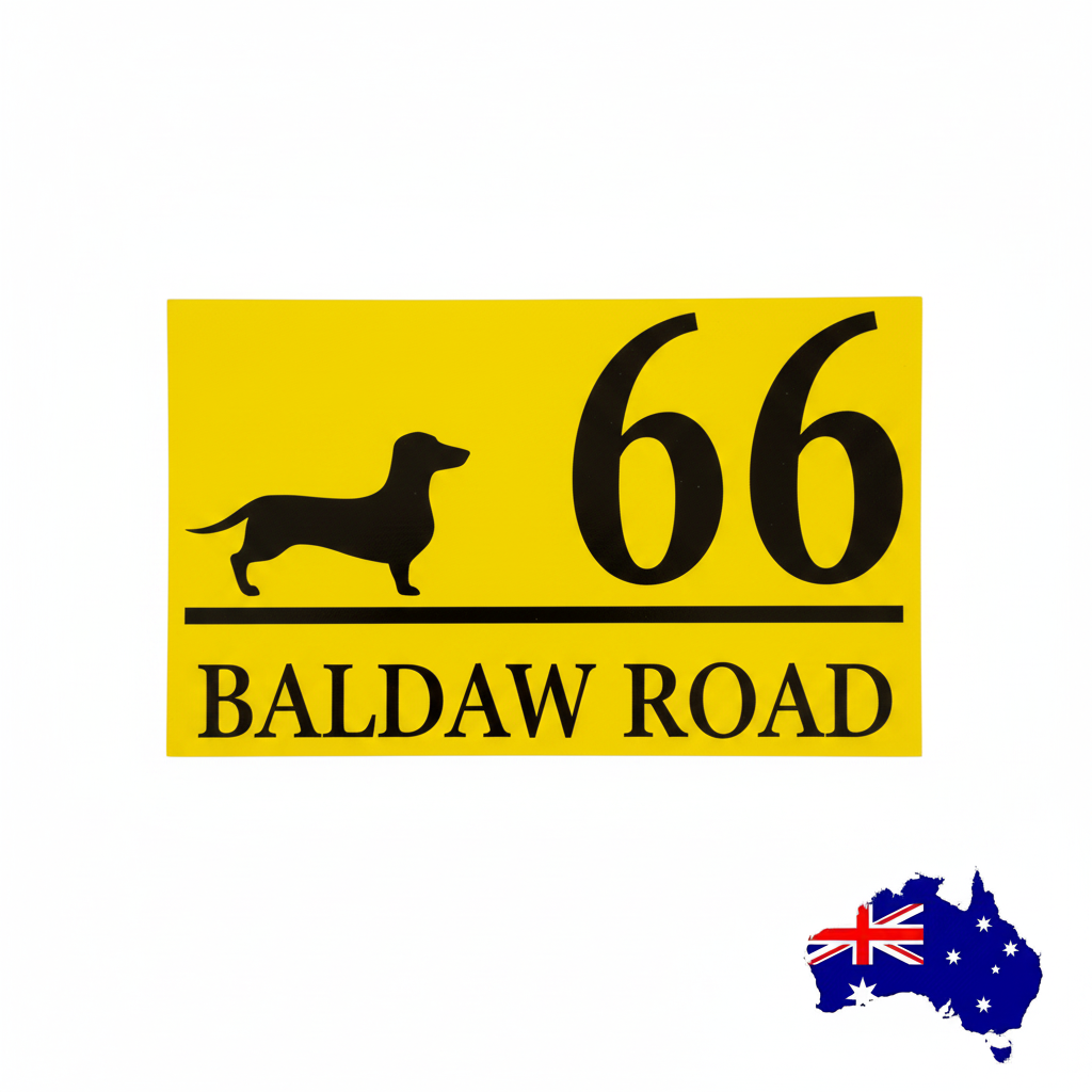 Yellow background black text — Dachshund house number and street sticker on a rectangular sign — rubbish bin sticker, outdoor address sticker, Aussie made