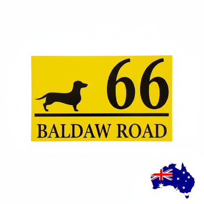 Yellow background black text — Dachshund house number and street sticker on a rectangular sign — rubbish bin sticker, outdoor address sticker, Aussie made