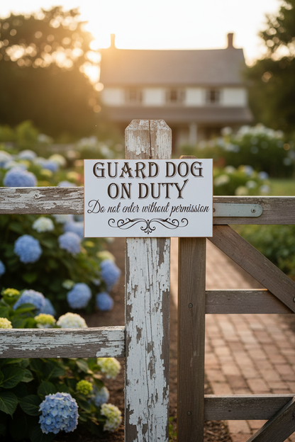 Guard Dog On Duty sign or sticker — white warning sign displayed on a country garden entrance fence — personalised no entry sign