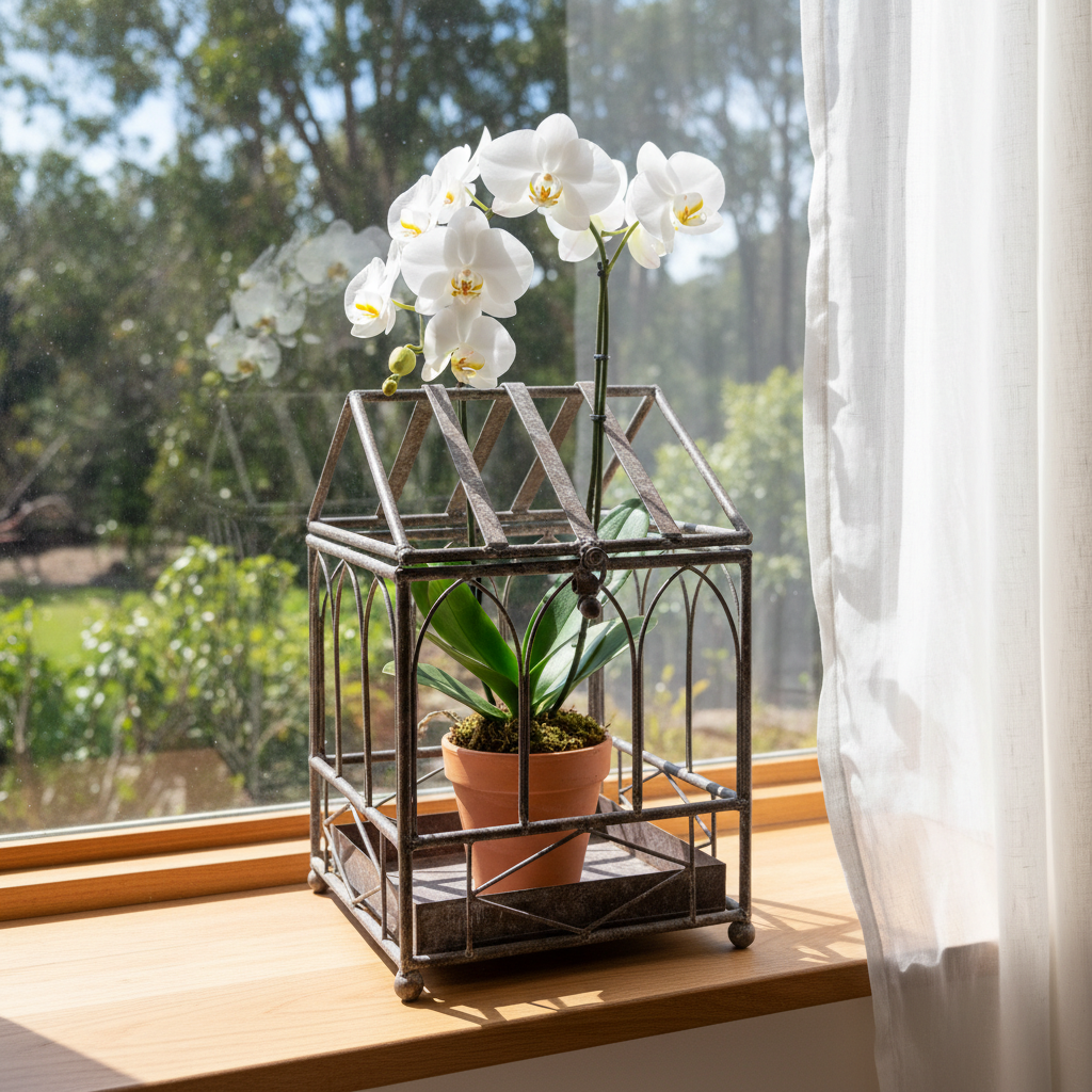 Vintage cathedral terrarium holding a potted white orchid on a sunroom windowsill — antique grey iron indoor plant display decor