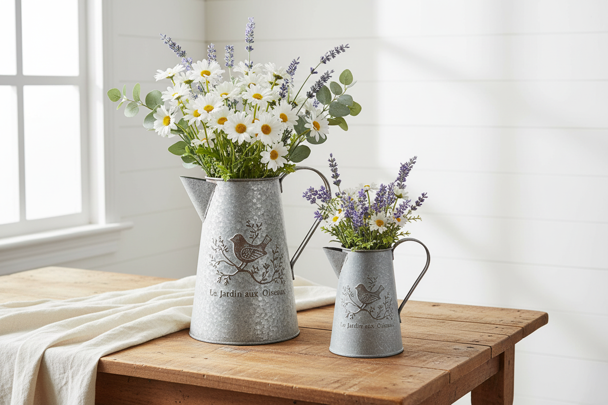 French vintage galvanized metal pitcher vases with wildflowers on farmhouse timber table — Le Jardin aux Oiseaux